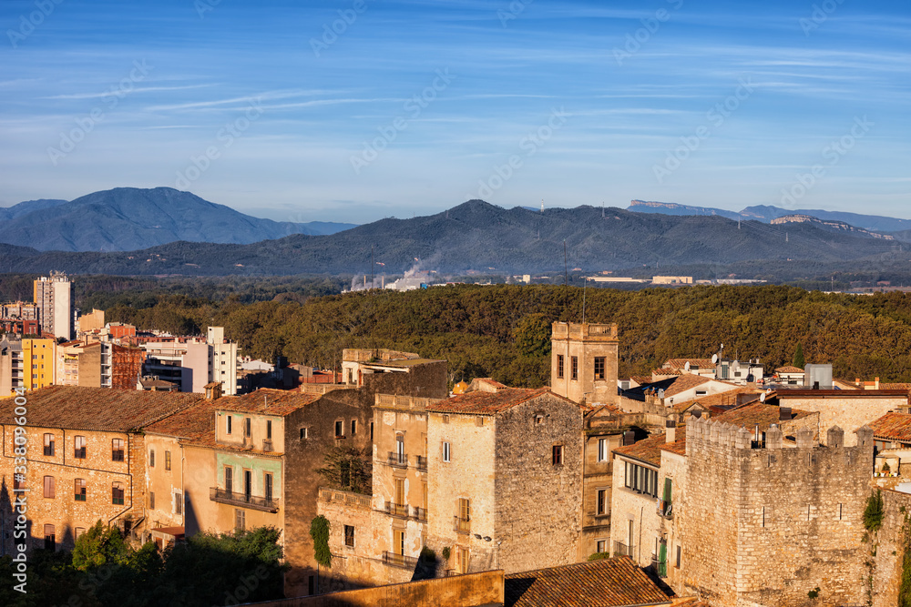 Girona City Houses And Catalonia Landscape In Spain