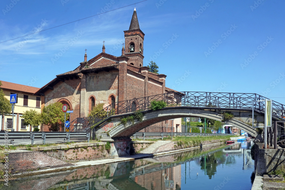  Italy , Milan - San Cristoforo church in  Navigli Canals  ( Naviglio Pavese ) Downtown  of the city empty of people during n-cov19 Coronavirus outbreak epidemic quarantine home