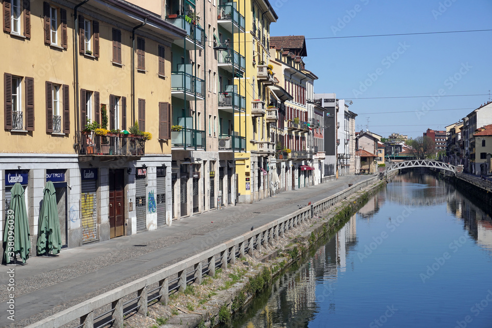 Italy , Milan -  Navigli Canals ( Alzania Naviglio Pavese ) Downtown of the city empty of people during n-cov19 Coronavirus outbreak epidemic quarantine home 