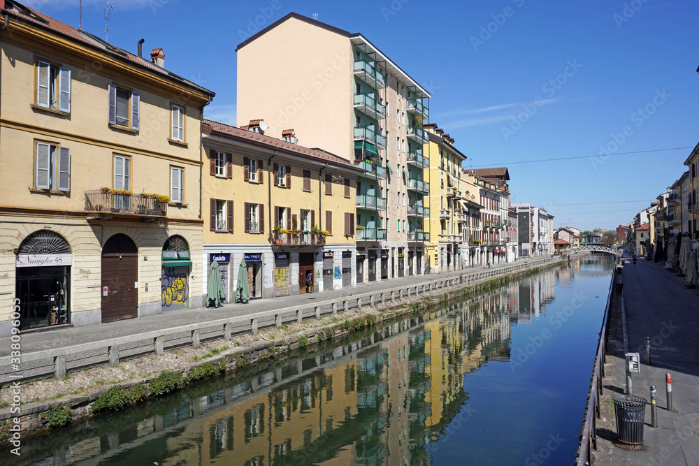 Italy , Milan -  Navigli Canals ( Alzania Naviglio Pavese ) Downtown of the city empty of people during n-cov19 Coronavirus outbreak epidemic quarantine home 