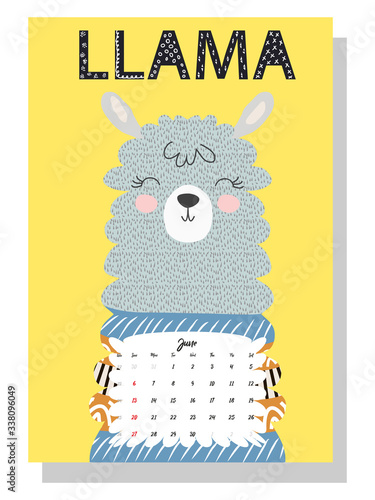 Cute monthly calendar of 2021 with a llama, cactus, inscriptions in the Scandinavian children's style. For web, banners, posters, labels and print.