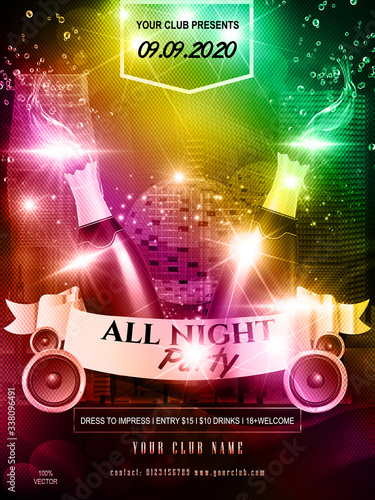 Poster or flyer with champagne bottle. All night party invitation banner template on a modern city night background. Invitation template design for glamour event, party flyer.