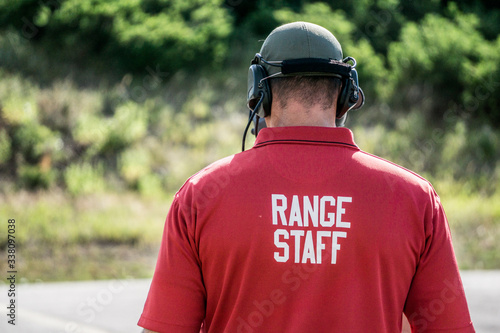 A range safety officer walks on a gun range during a police firearms training day.