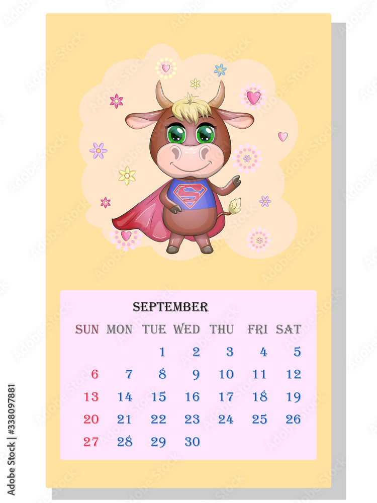 Obraz premium Calendar 2021. Cute bull and cow for every month.