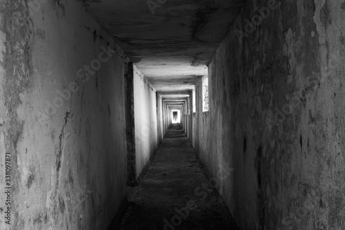 Interior of an abandoned building in black and white