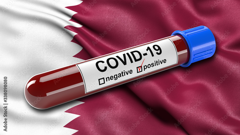 Flag of Qatar waving in the wind with a positive Covid19 blood test