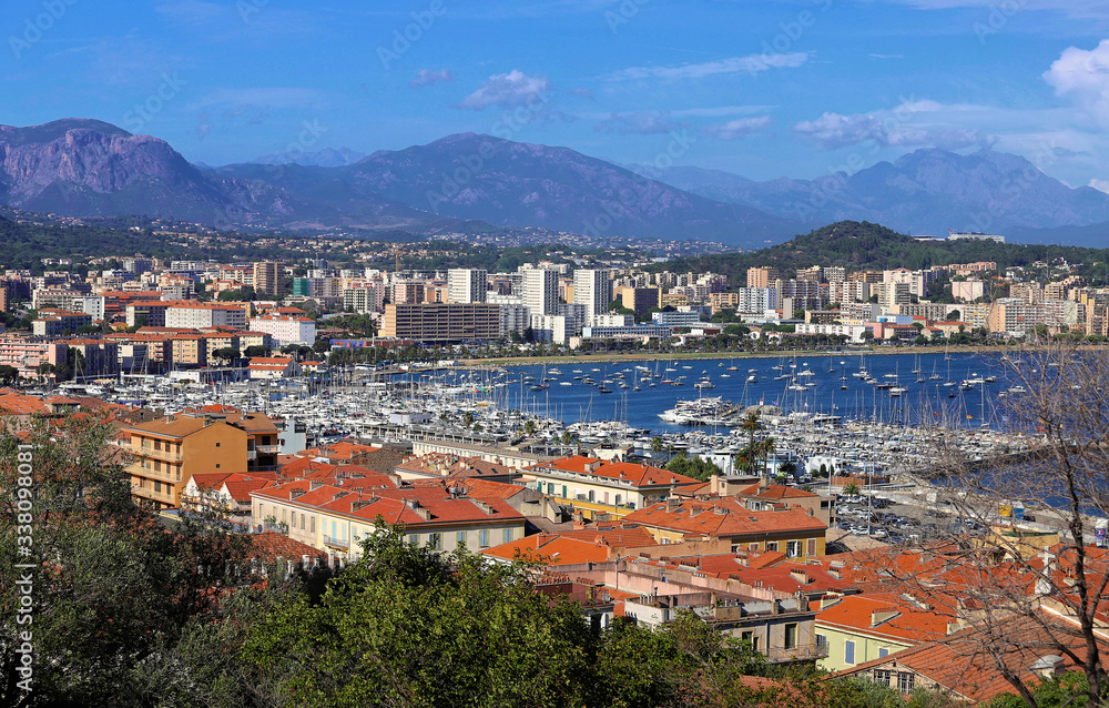 The houses of Ajaccio city and its marina , France, Corsica island.