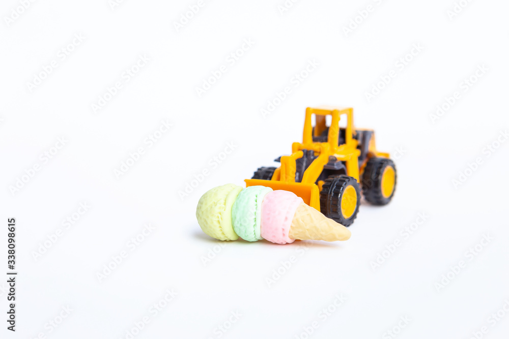 Colorful ice cream cone with yellow front load truck isolate on white background, junk food clearance, diet time, summer treat