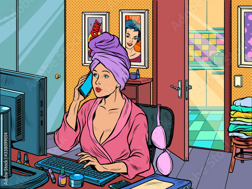 woman work at home freelance epidemic self isolation quarantine