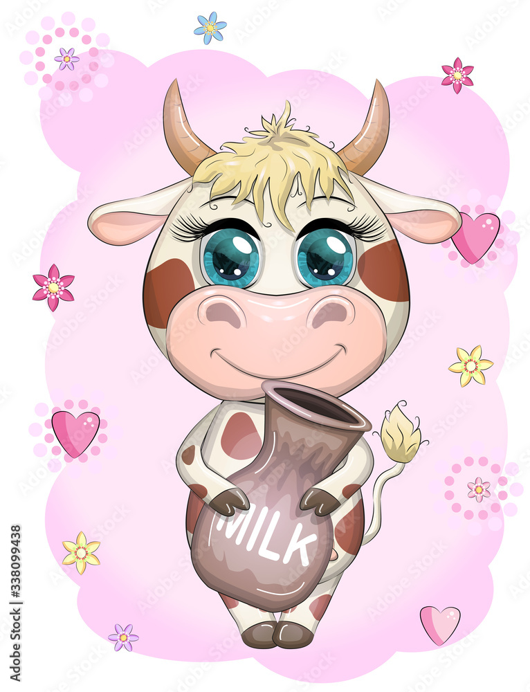 Cute cartoon cow, bull with a jug of milk, symbol 2021 on the eastern calendar Cute cartoon cow, bull with a jug of milk, symbol 2021 on the eastern calendar