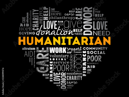 Humanitarian heart word cloud collage, social concept background