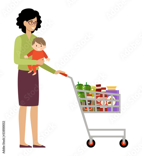Woman shopper with shopping basket and baby
