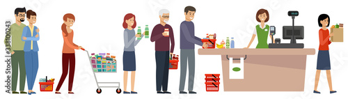 Grocery store queue. People with shopping carts and basket with food