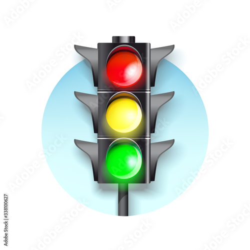 traffic light on a blue round.  Burning green, red and green color.
