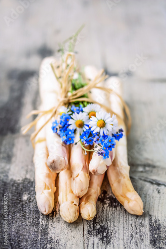 White Asparagus on Wooden Background.
