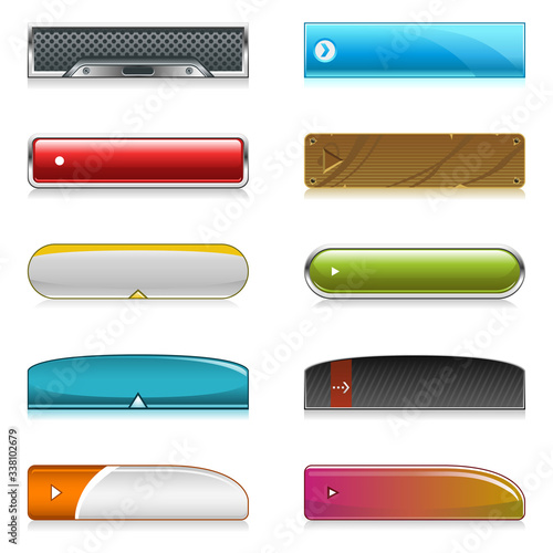 Vector set of editable website buttons in different styles and colors (rectangular, metallic, chrome, blue, red, wood, white, glossy, green, blue, industrial, two tone, gradient, rounded).