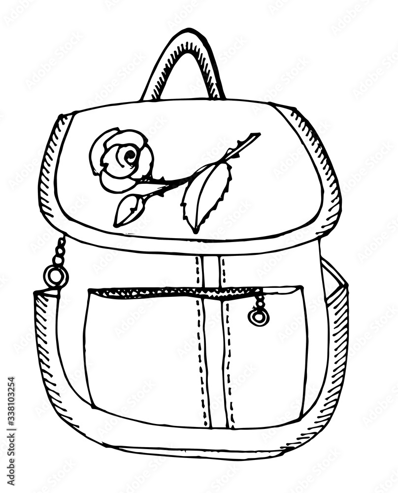 Hand drawing. Backpack. Black Outline. Vector. Drawn in pencil, ink