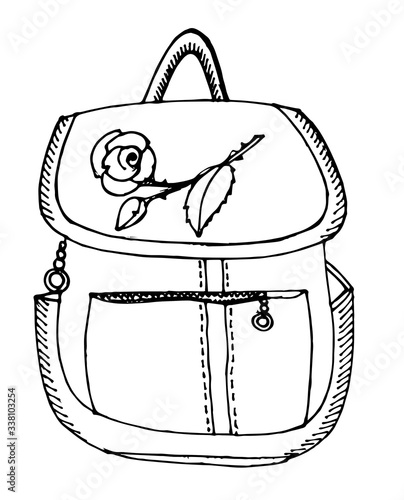 Hand drawing. Backpack.  Black Outline. Vector. Drawn in pencil, ink, felt-tip pen, marker on paper. A careless quick sketch. Comic cartoon style. Isolated on a white background. Doodle.