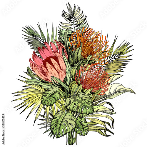 Floral bouquet with tropical palm leaves  exotic Protea and Pincushion flowers.