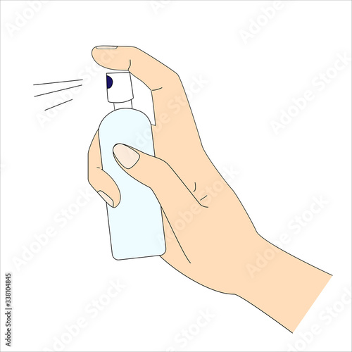 Hand sprays an antiseptic solution to disinfect hands and surfaces. Prevention of infection with coronavirus, flu, infection, bacteria. Vector illustration  in cartoon style.