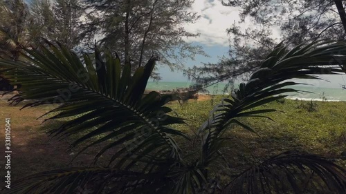 Palm branches on the background of an old fishing boat