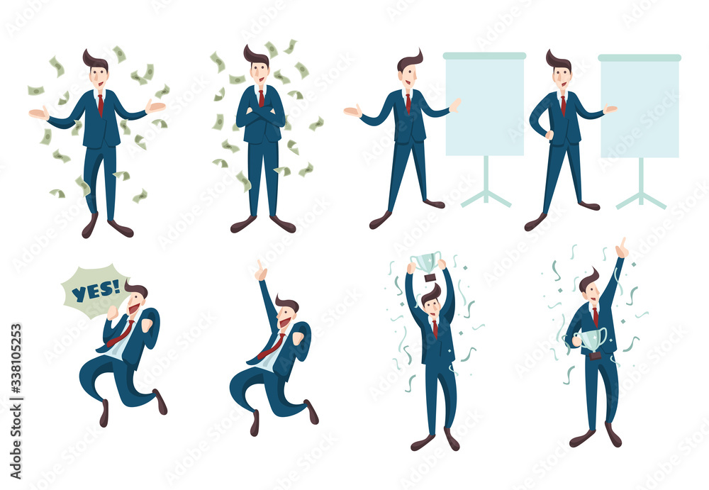 Set of Businessman or Salesman Achieve His Goal Succesfully, Get A Lot of Money with Happy Face in Flat Style Design Illustration