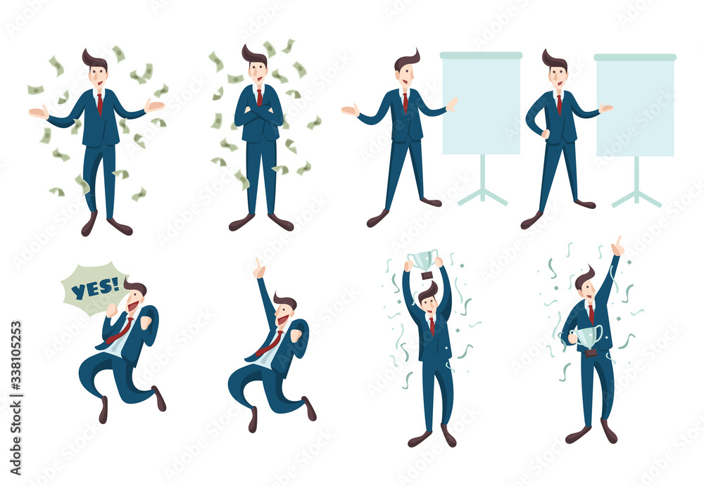 Set of Businessman or Salesman Achieve His Goal Succesfully, Get A Lot of Money with Happy Face in Flat Style Design Illustration Set of Businessman or Salesman Achieve His Goal Succesfully, Get A Lot of Money with Happy Face in Flat Style Design Illustration