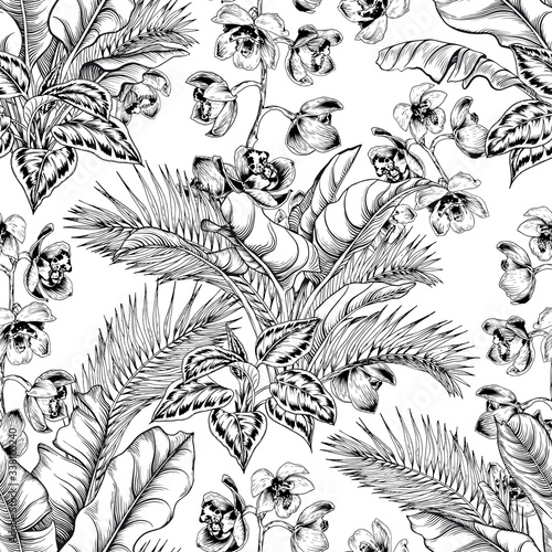 Seamless tropical pattern with black and white palm leaves and orchid flowers.