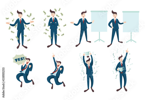 Set of Businessman or Salesman Achieve His Goal Succesfully  Get A Lot of Money with Happy Face in Flat Style Design Illustration