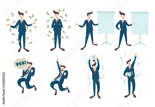 Set of Businessman or Salesman Achieve His Goal Succesfully, Get A Lot of Money with Happy Face in Flat Style Design Illustration