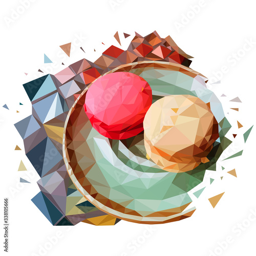 macaroon. polygonal graphics. vector illustration A low poly saucer of macaroni cakes on a mosaic table. French dessert made from polygons