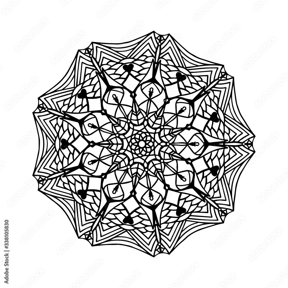 Vector illustration. Abstract mandala graphic design, decorative elements isolated on white color background for ancient geometric concepts.