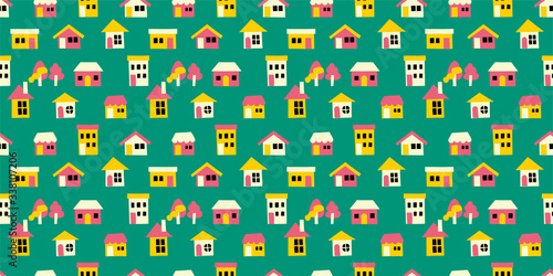 Paper craft houses background. Seamless pattern vector. Stay home.紙工作で作った家のパターン
