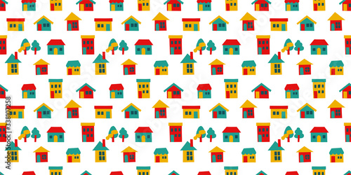 Paper craft houses background. Seamless pattern vector. Stay home.紙工作で作った家のパターン
