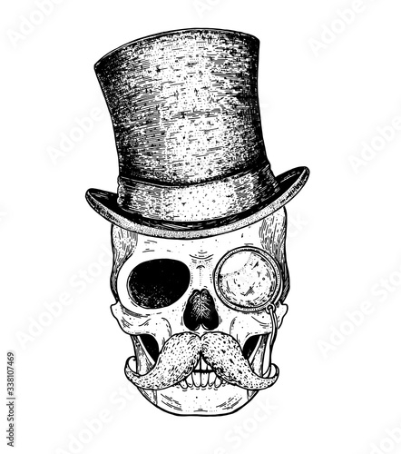 Human skull with mustache hand drawn illustration. Cylinder hat on the skull. Tattoo vintage print. Retro skull sketch illustration. Vector print. Engraved style.