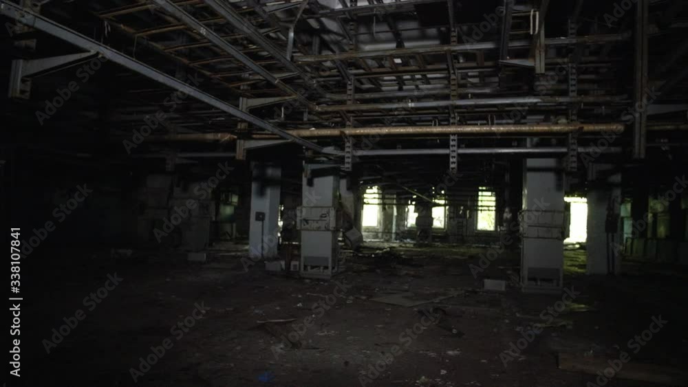 Server Racks Inside Duga Radar Control building in Abandoned and Secret Chernobyl-2 Town. Wide Dolly Shot Server Racks Inside Duga Radar Control building in Abandoned and Secret Chernobyl-2 Town. Wide Dolly Shot