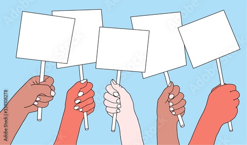 Hands of different nationalities holding empty protest sign. Copy space for text. Poster empty, protest announcement board. cartoon vector