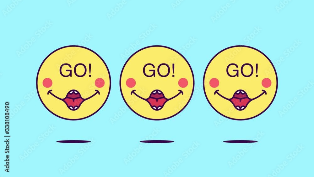 3 jumping emoji faces with phrase Go. Emoticon with text Go. Cartoon looped animation, emotional