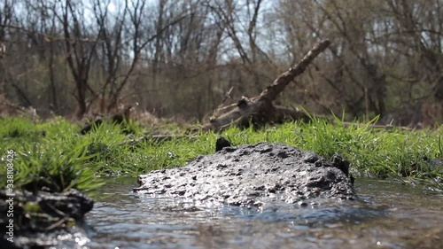 Paper ship. A paper boat is floating on the water. White paper ship. A boat  floats on water. A paper boat is floating on the river. Forest river. River runs along a forest.