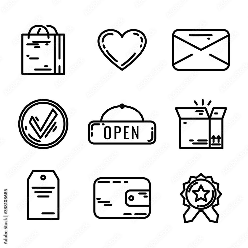 Set of 9 E-commerce and shopping web icons in line style. Vector illustration. Set of 9 E-commerce and shopping web icons in line style. Vector illustration.