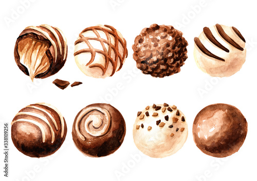 Various Chocolate Candy, Truffle, praline set. Hand drawn watercolor illustration isolated on white background