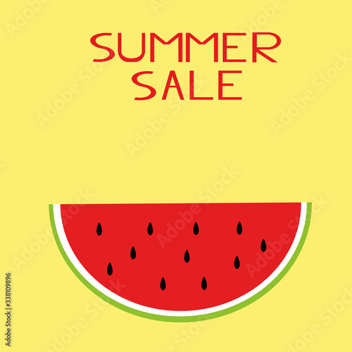 slice of watermelon and the inscription summer sale on a yellow background in a flat style. vector graphic. For design banner, flyer, poster, bright juicy fruit color