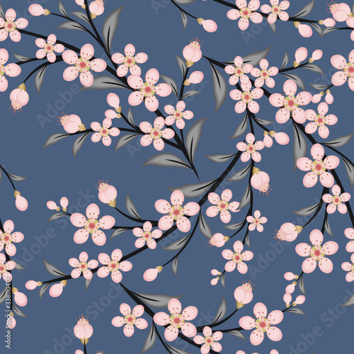 Cherry blossom seamless pattern. Elegant vector floral texture. Japanese sakura bloom. Vintage ornament with pink cherry flowers, leaves, branches on dark blue background. Repeat decorative design 