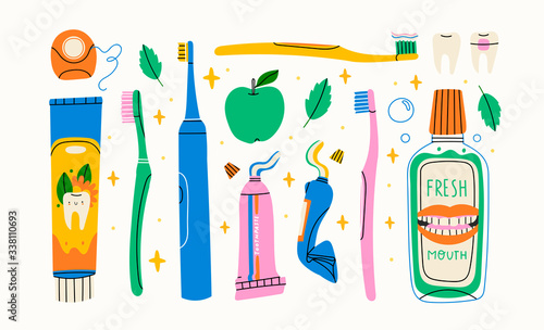 Set of various mouth cleaning tools. Toothbrushes, toothpaste, dental floss, mouthwash, etc. Dental hygiene, Oral care, healthcare concept. Top and side view. Hand drawn Vector isolated illustrations