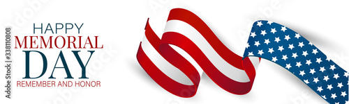 Memorial Day banner, website or newsletter header. Background with American national flag ribbon. United States of America holiday celebration concept. Vector illustration.