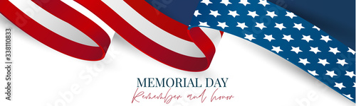 Memorial Day banner, website or newsletter header. Background with American national flag ribbon. United States of America holiday celebration concept. Vector illustration.