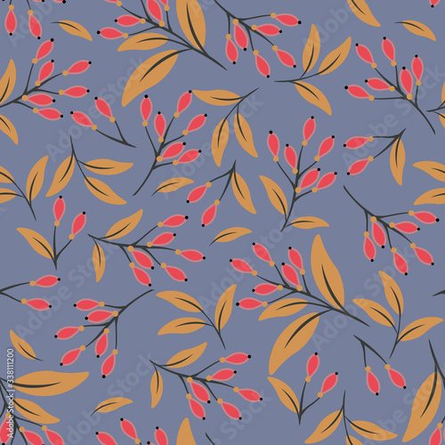 Vector floral seamless pattern with red berries, orange leaves, branches, twigs. Elegant botanical texture. Simple vegetal ornament, natural wallpapers. Repeat design for decoration, tileable print