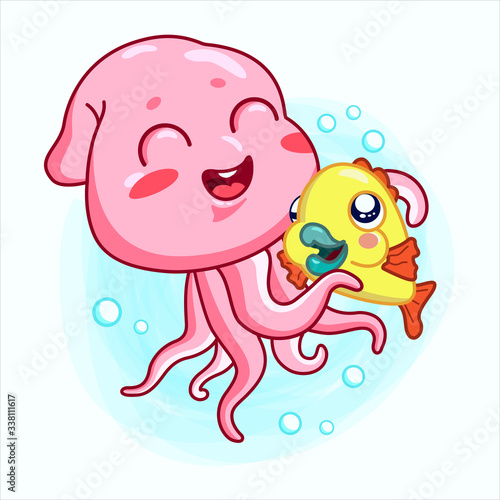 Pink funny octopus hugs a yellow fish. Flat vector isolated on white background. Aquatic fauna. Vector illustration kawaii cute style.