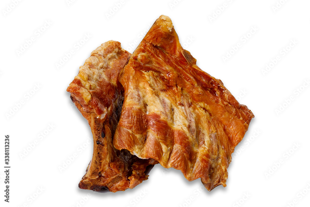 two pieces of large smoked ribs. top view on a white background two pieces of large smoked ribs. top view on a white background
