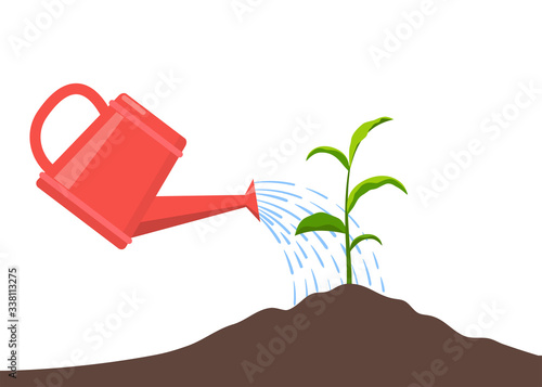 Young plant with watering can and water drops, Isolated On White. Vector flat illustration.